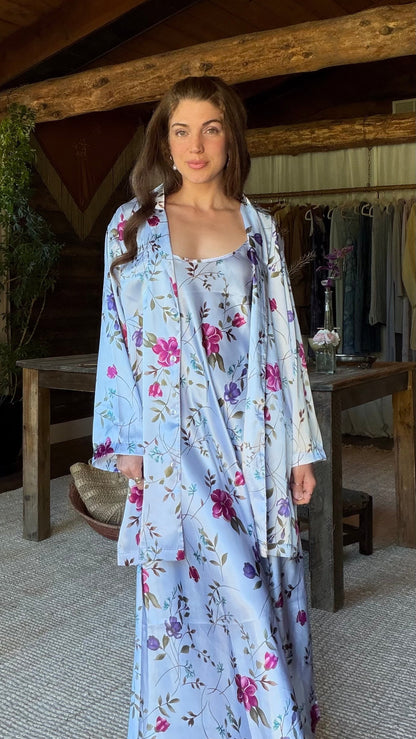 Oscar de la Renta Lavender Floral Satin Peignoir Set