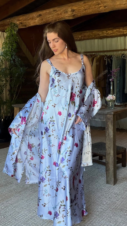 Oscar de la Renta Lavender Floral Satin Peignoir Set