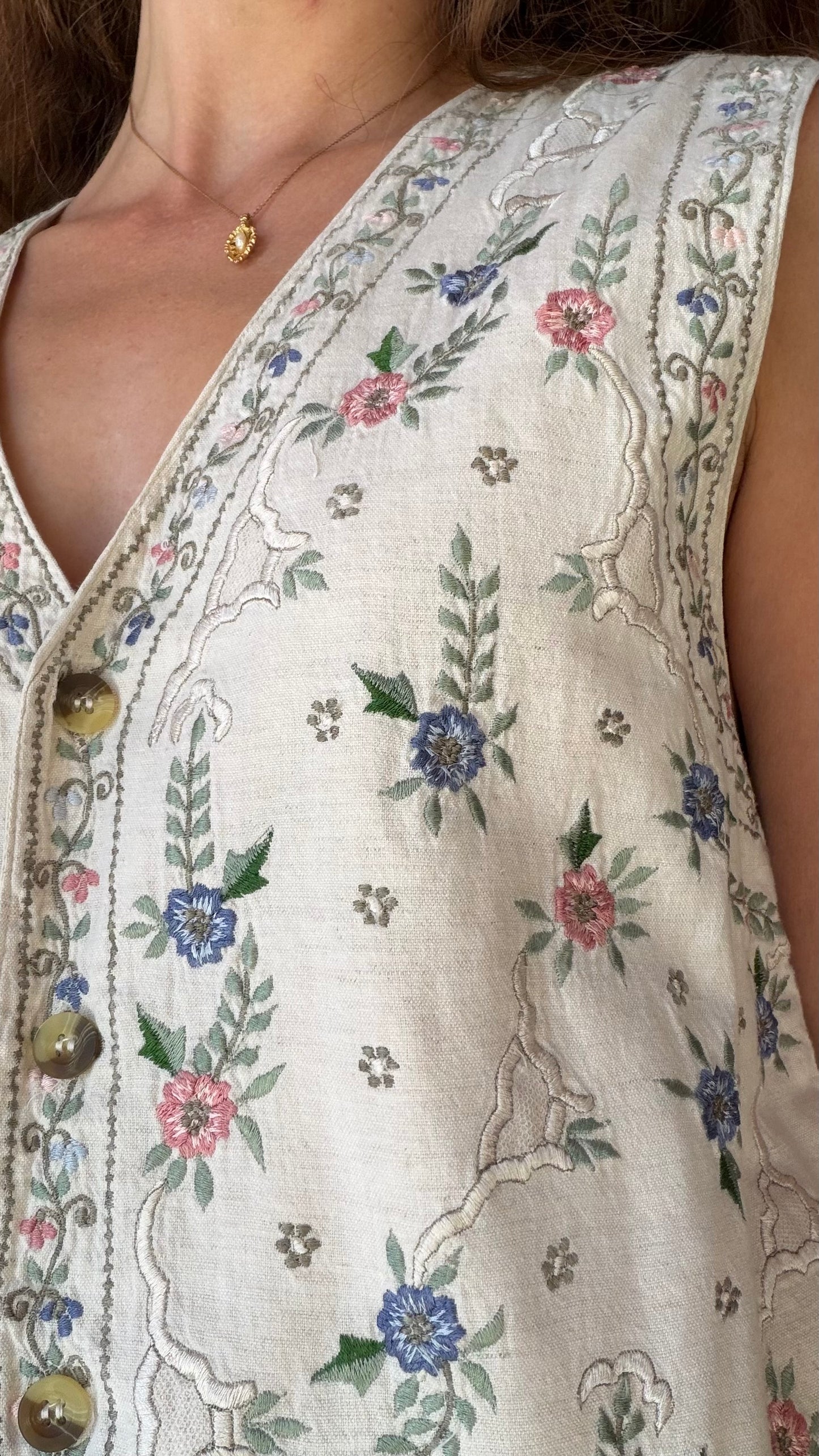 English Cottage Embroidered Linen Vest