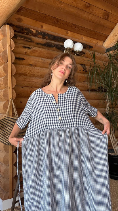 1970s Blue Gingham Cotton Prairie Dress