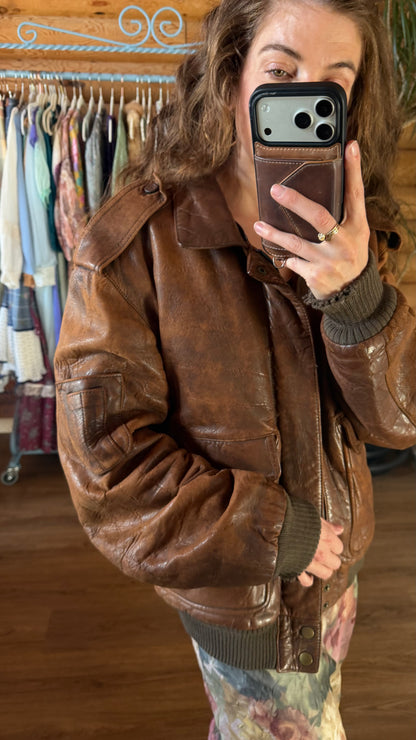 Iconic Brown Leather Bomber Jacket