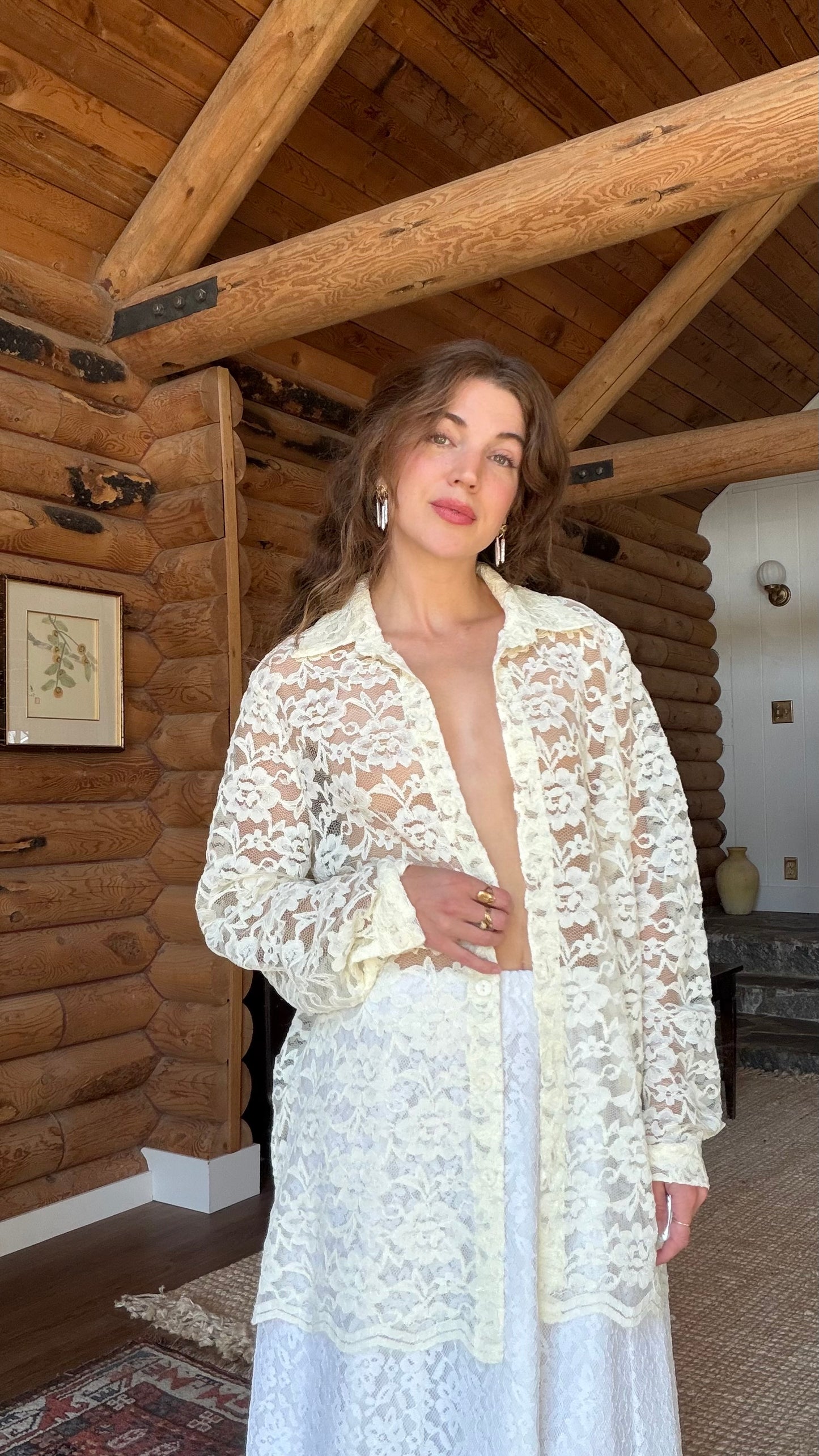 Sheer Cream Lace Button Up