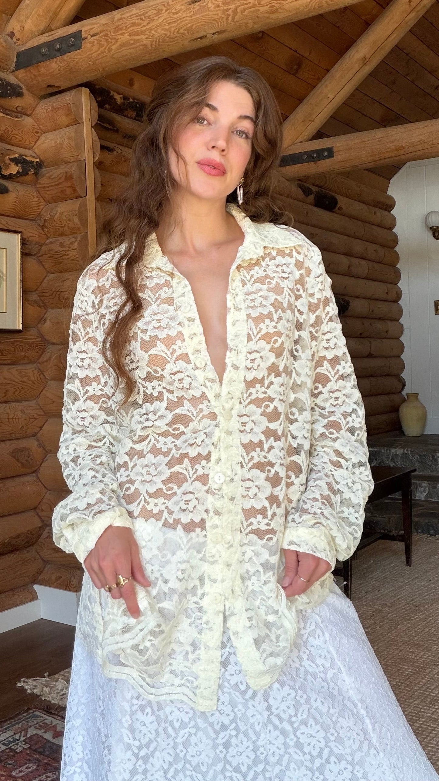 Sheer Cream Lace Button Up