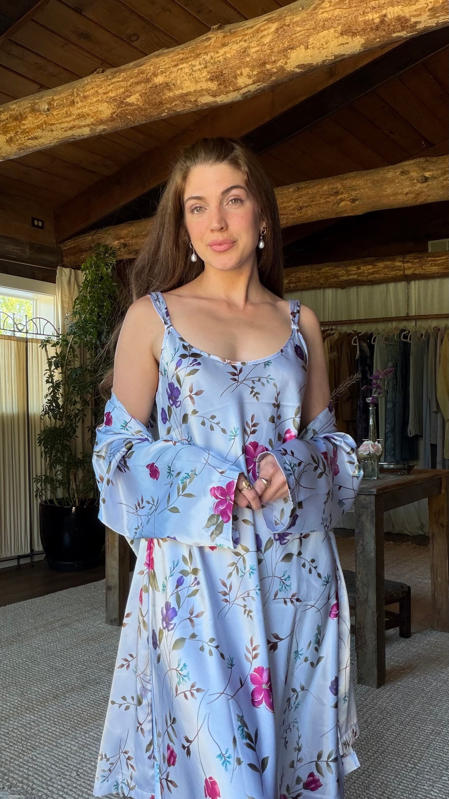 Oscar de la Renta Lavender Floral Satin Peignoir Set