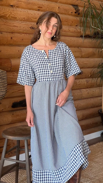 1970s Blue Gingham Cotton Prairie Dress