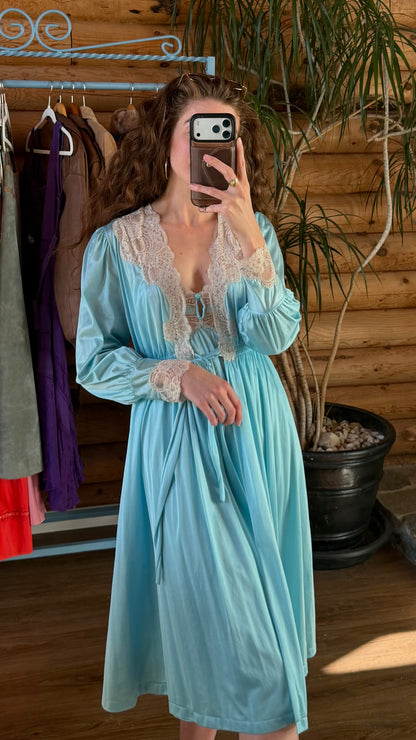 Aqua Blue Lace Robe And Slip Set
