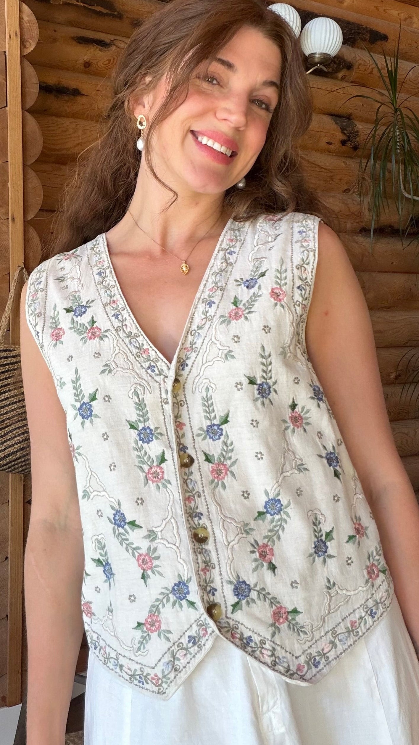 English Cottage Embroidered Linen Vest