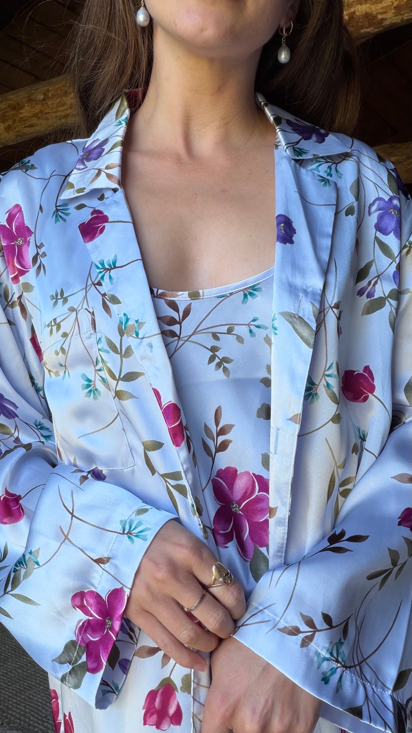 Oscar de la Renta Lavender Floral Satin Peignoir Set