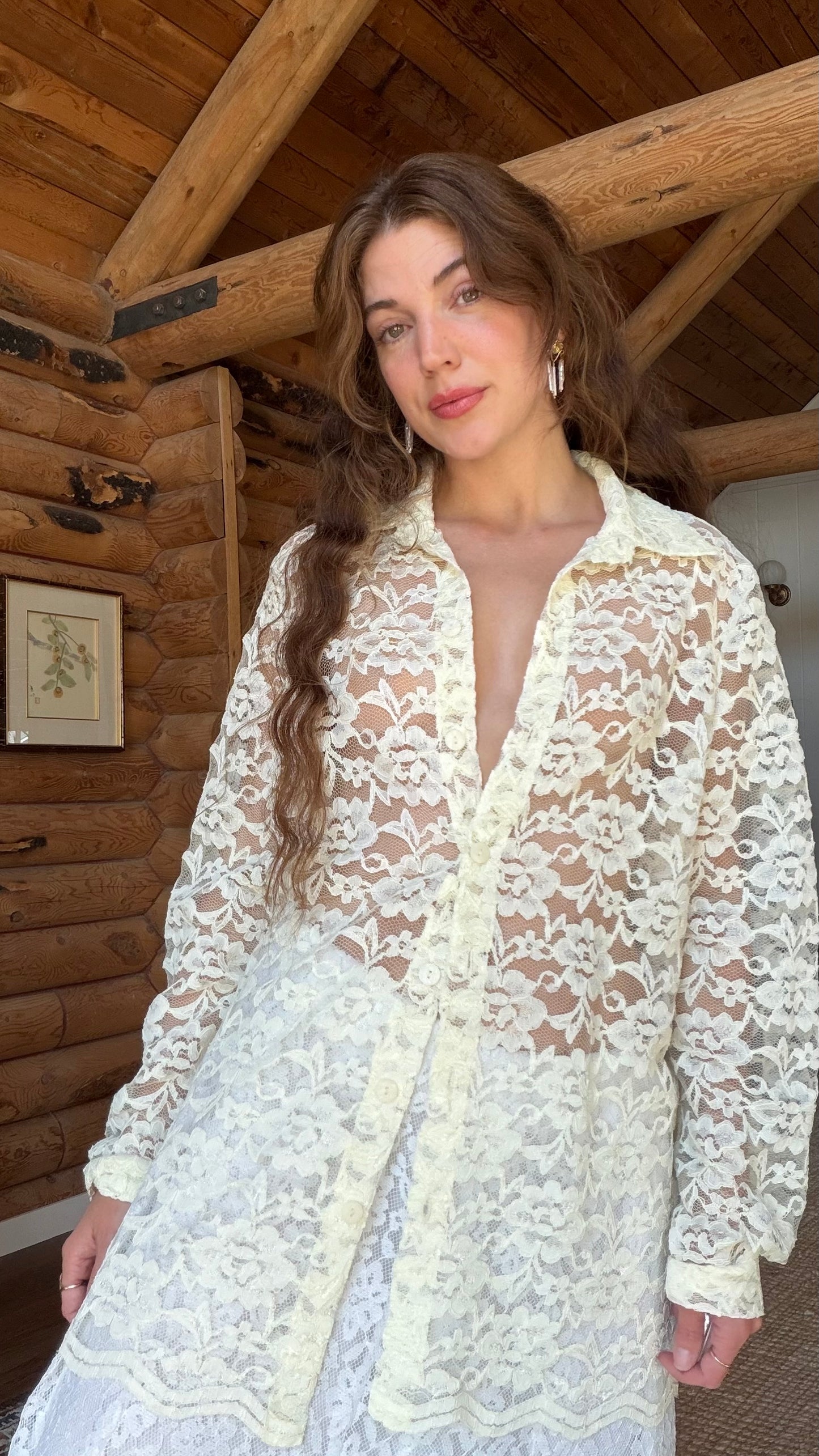 Sheer Cream Lace Button Up