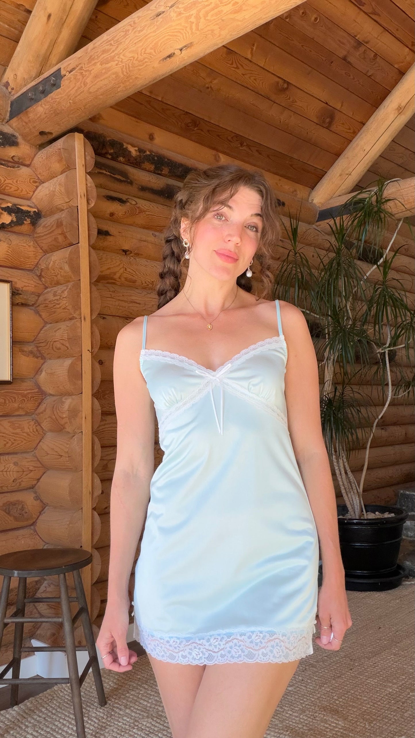 Powder Blue Lace Trim Mini Slip Dress