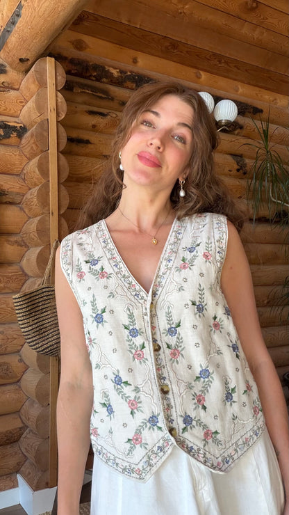 English Cottage Embroidered Linen Vest