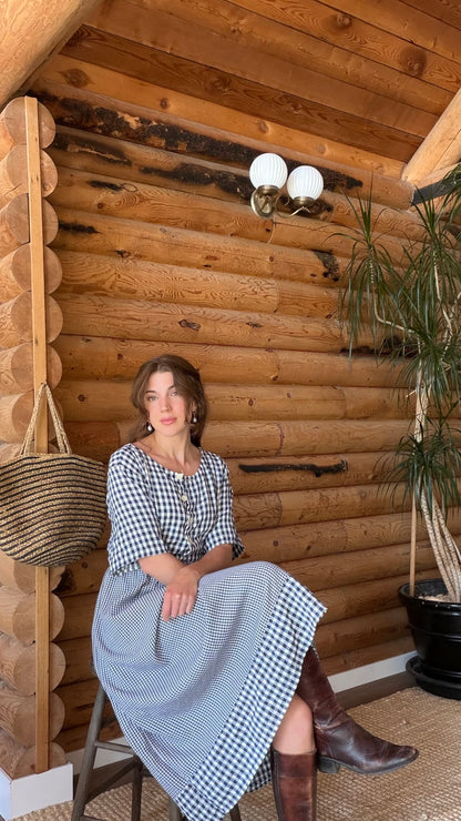 1970s Blue Gingham Cotton Prairie Dress
